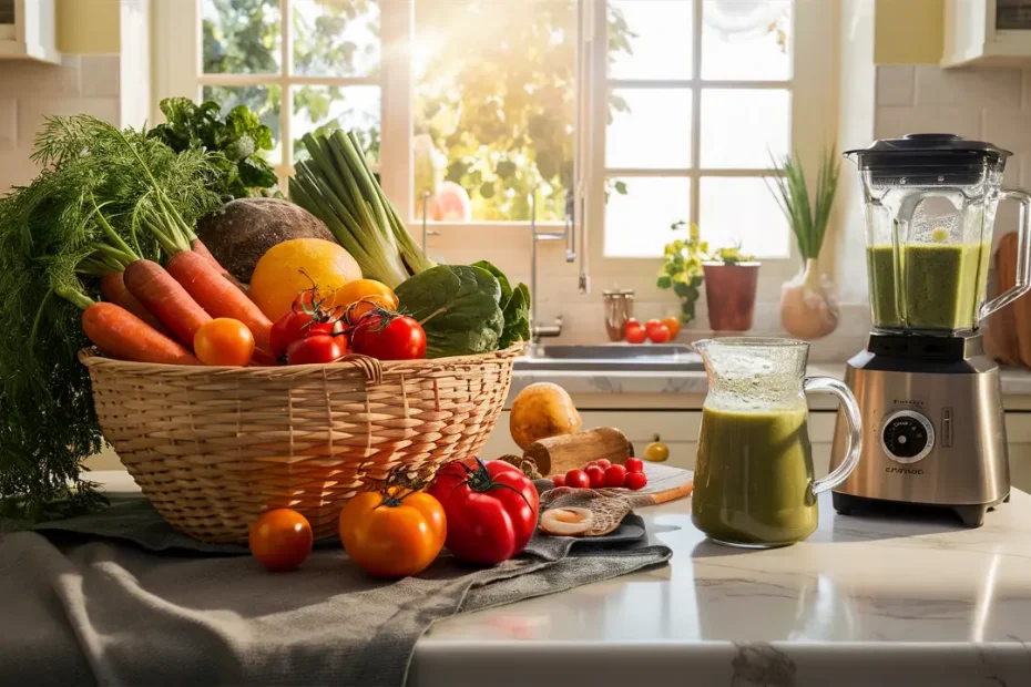 Cocina con verduras coloridas en una cesta, licuadora de acero inoxidable y jarra de batido verde bajo luz solar.