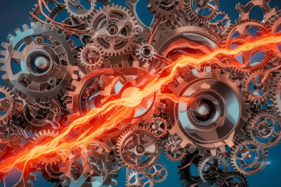 Red and blue energy surges flow through interconnected gears of steel and copper on a deep blue background.