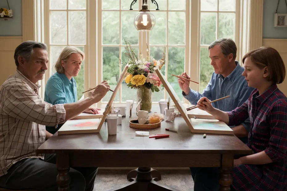 Familia pintando en un salón iluminado por luz natural con un jarrón de flores sobre la mesa.