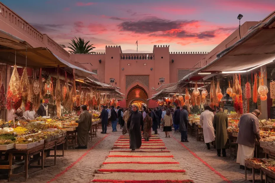 Mercado en Marrakech al atardecer con especias, alfombras y lámparas, gente en trajes tradicionales y arquitectura morisca.