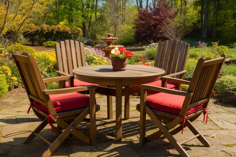 Mesa de madera en jardín con sillas y cojines rojos, rodeada de flores y fuente de agua en un día soleado.