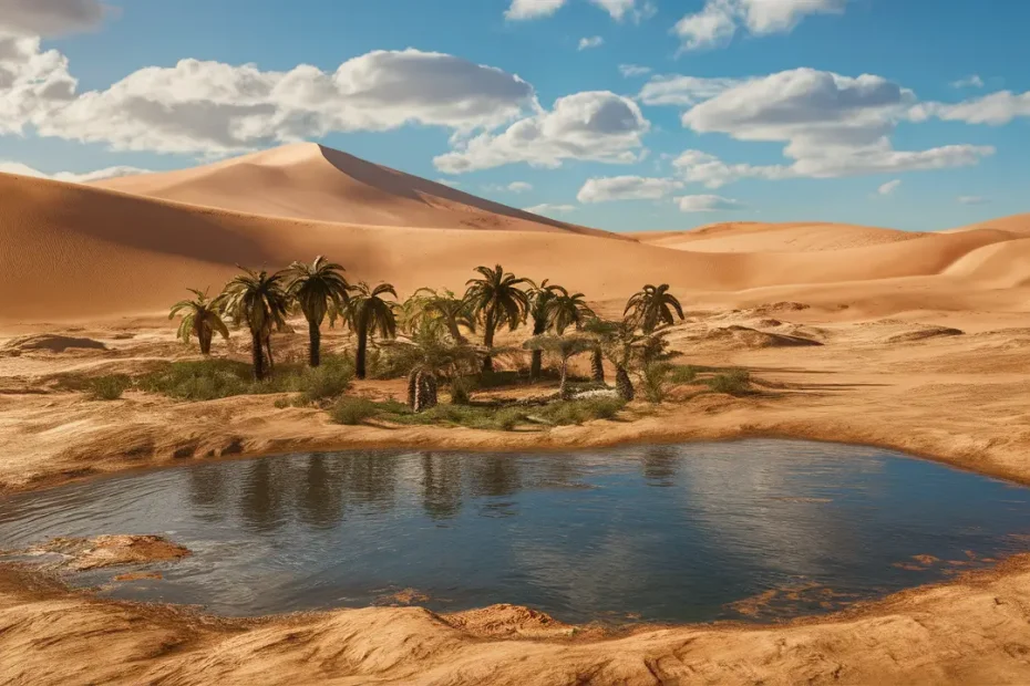 Oasis en el desierto con palmeras y estanque brillante, rodeado de dunas de arena bajo un cielo azul claro.