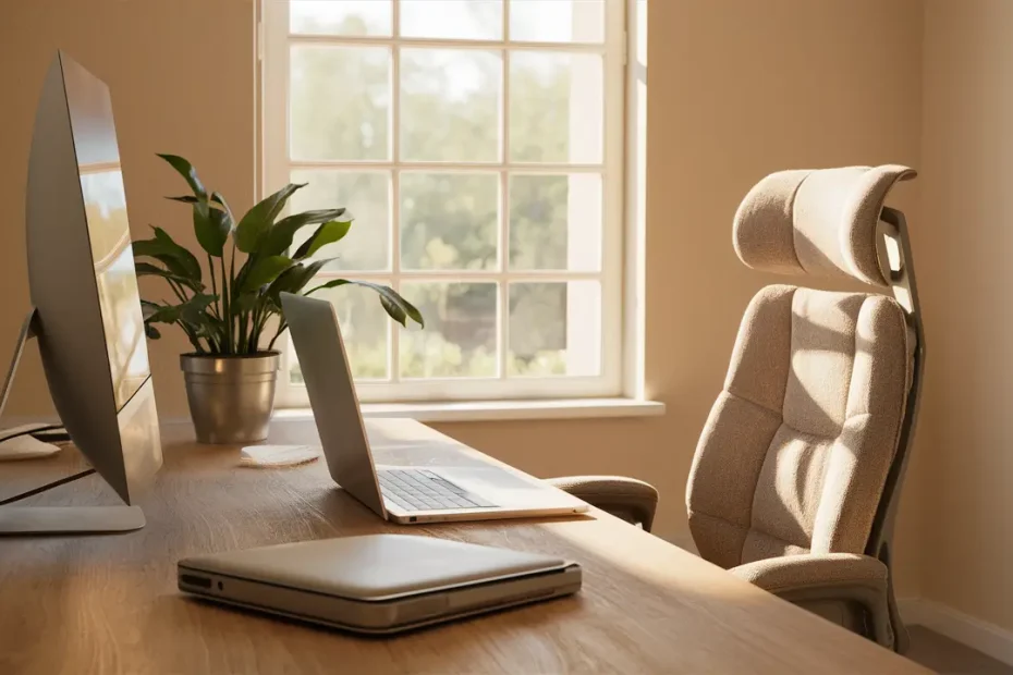 Oficina en casa con escritorio de madera, monitor de computadora, planta, laptop cerrada y silla ergonómica iluminada por luz natural.