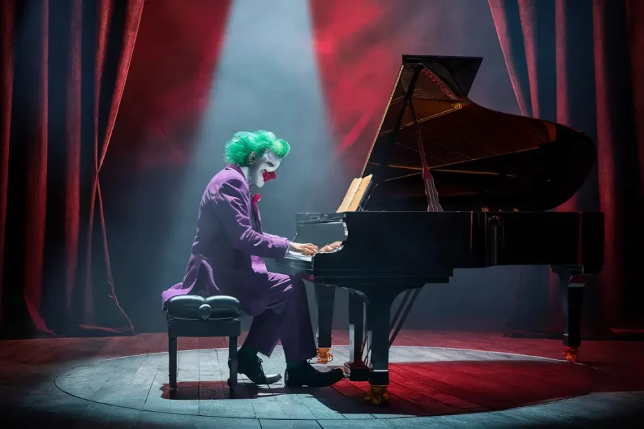 Un hombre vestido de payaso en traje púrpura y cabello verde toca un piano de cola en un escenario iluminado.