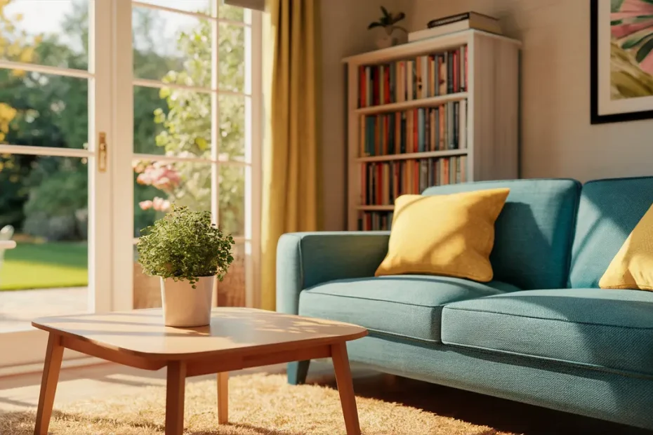 Sala de estar acogedora con sofá azul, cojines amarillos, mesa de madera y planta en maceta blanca frente a ventana soleada.