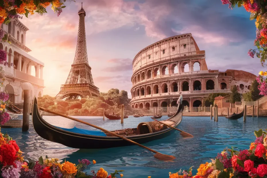 Estructura de la Torre Eiffel, góndola en canal veneciano y el Coliseo, con flores coloridas en el primer plano.